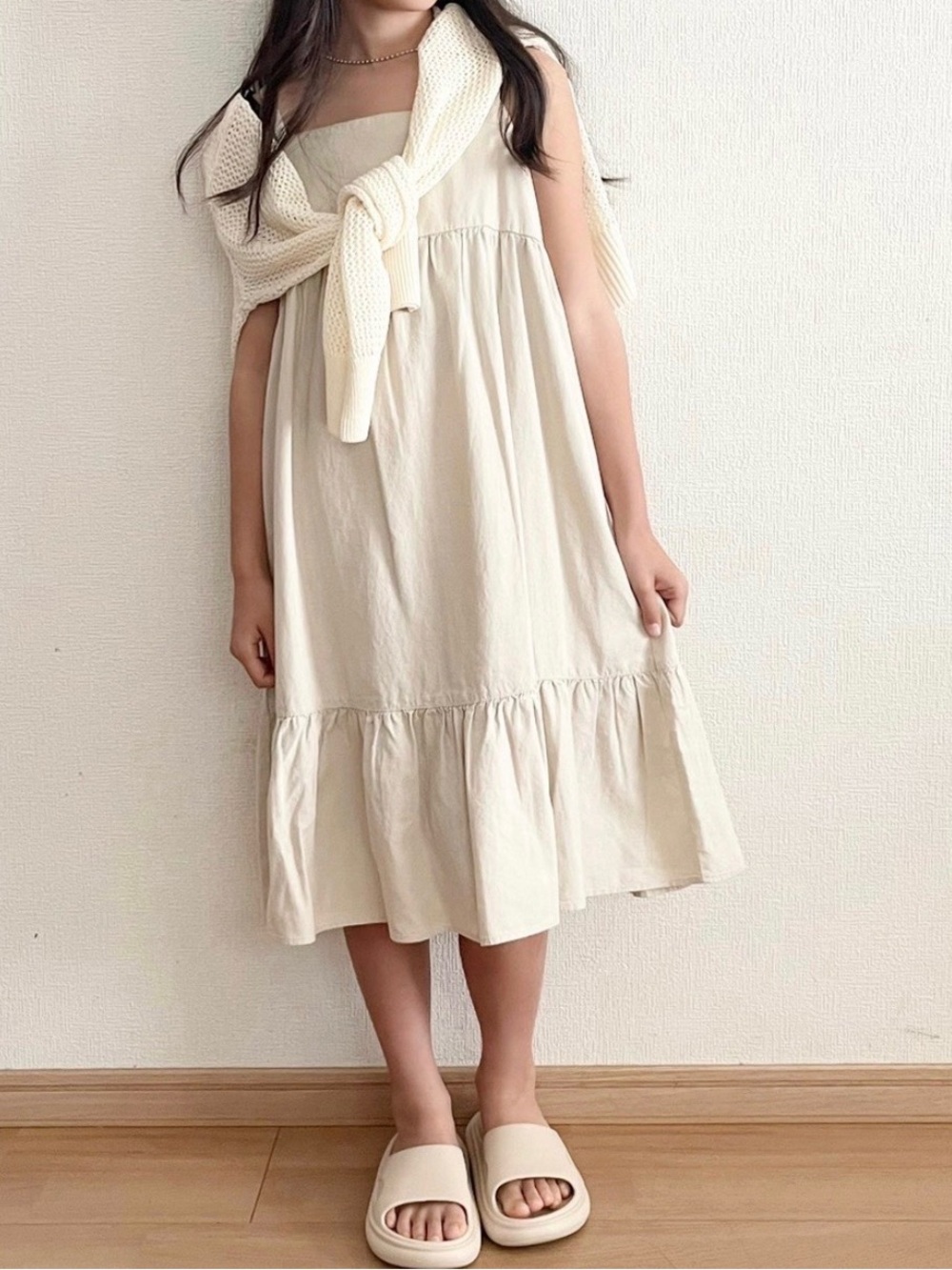 NWOT UNIQLO Linen Blend Tiered Midi Dress in Natural Sz: 5T |Beach, Vacay